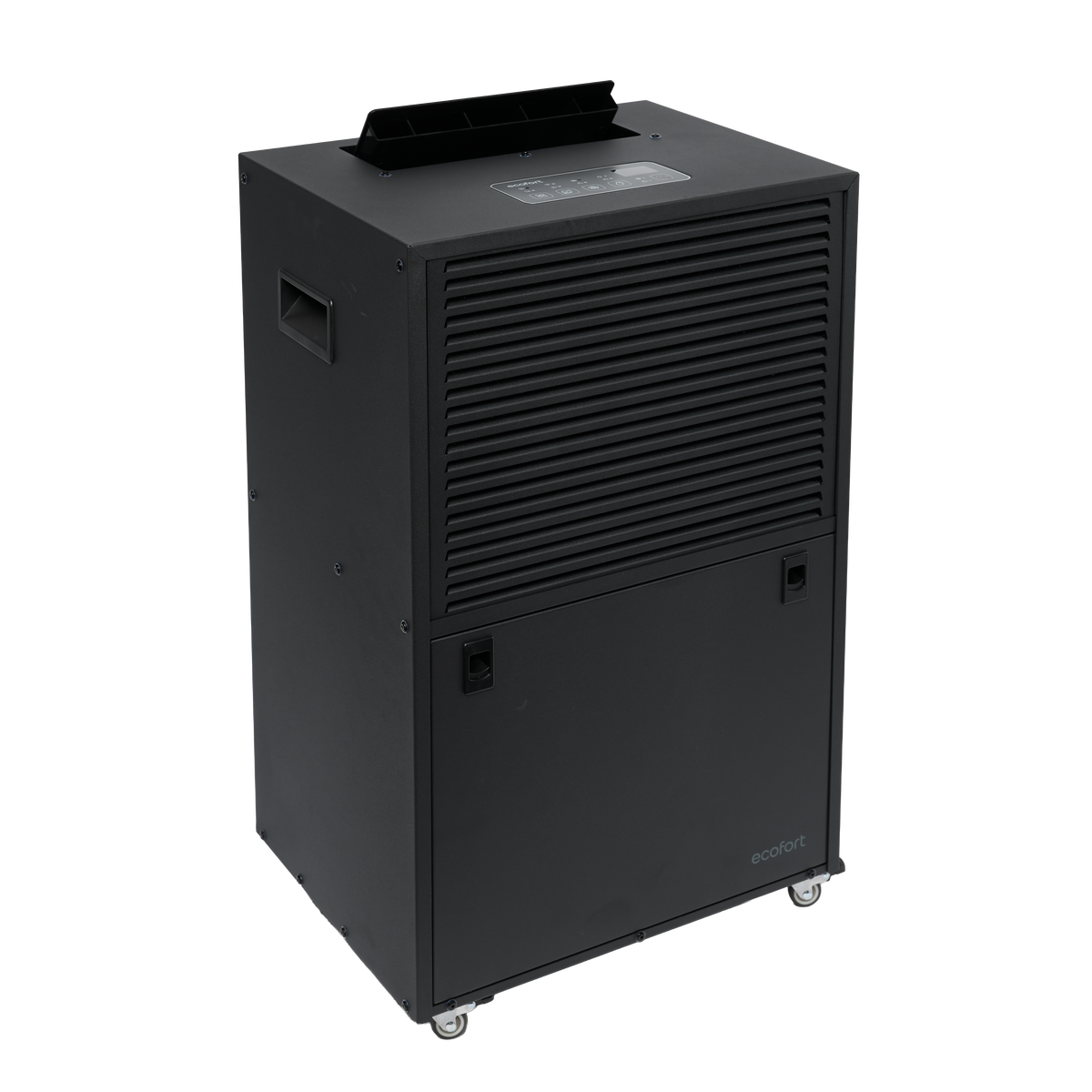 ecodry Neptun XP Black in 3/4 Ansicht mit Luftauslass und Rollen
