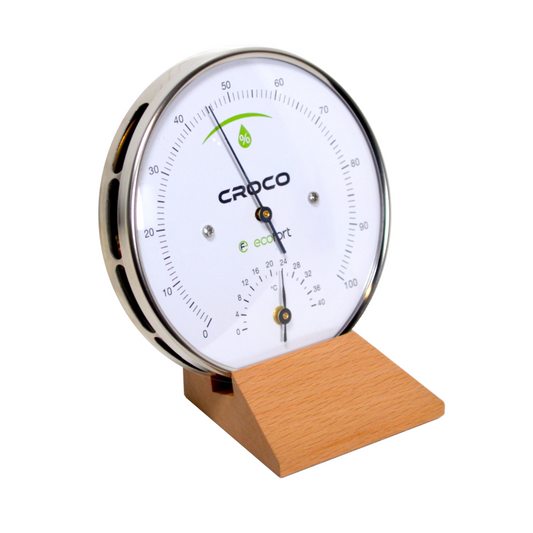 ecoQ Croco Hygrometer aus Holz zur Messung der Raumtemperatur und Luftfeuchtigkeit.