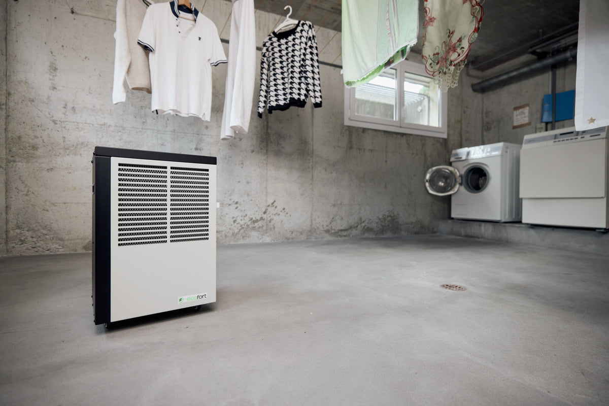 ecodry Neptun Wäschetrockner in creamy white für bis zu 20 m² trocknen mit mobil und Hygrostat-Steuerung.
