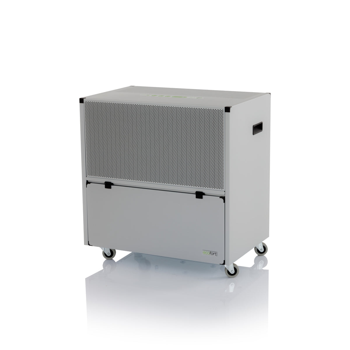 ecodry 925 Luftentfeuchter mit stabilem Metalllack und vier Rollen für einfache Mobilität.