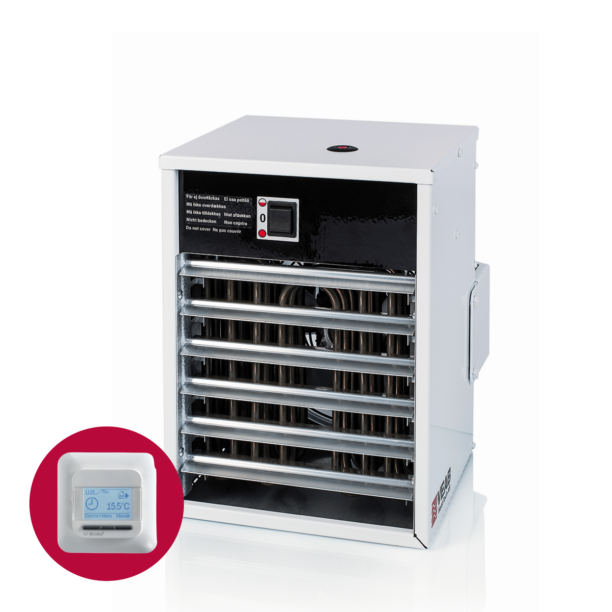 Elektro-Heizlüfter Veab ENV-L 5 kW mit Wandhalterung, geeignet für feuchte Räume und ausgestattet mit Raumthermostat.