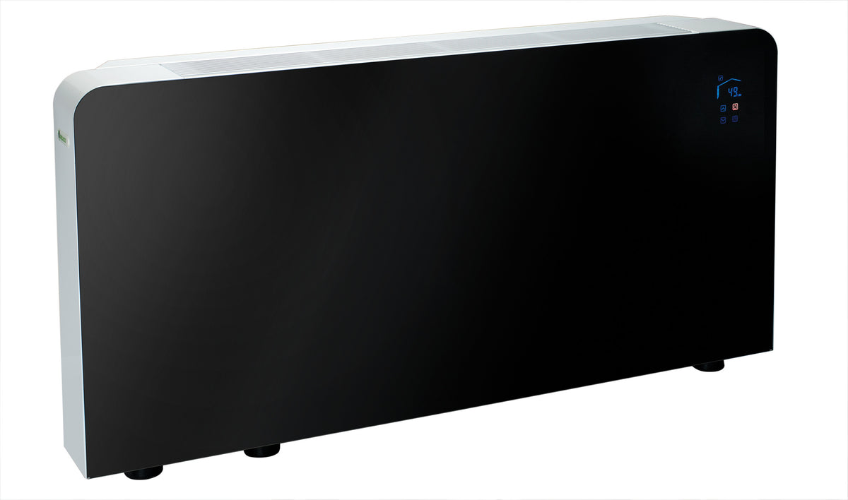 Meaco PowerDry Luftentfeuchter in elegantem Schwarz mit Glasfront und Wandmontage, Leistung 53 Liter.
