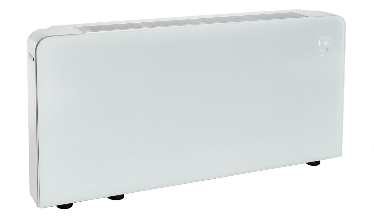 Meaco PowerDry Wandmodell in Weiss mit edlem Glasdesign für effektive Luftentfeuchtung und leisen Betrieb.
