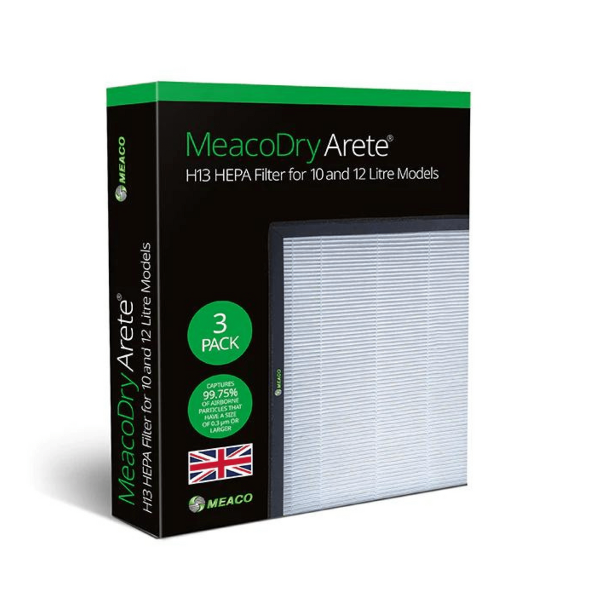 Meaco Arete H13 HEPA-Filter 3er Pack für Luftentfeuchter 10L und 12L, leicht einsetzbar.