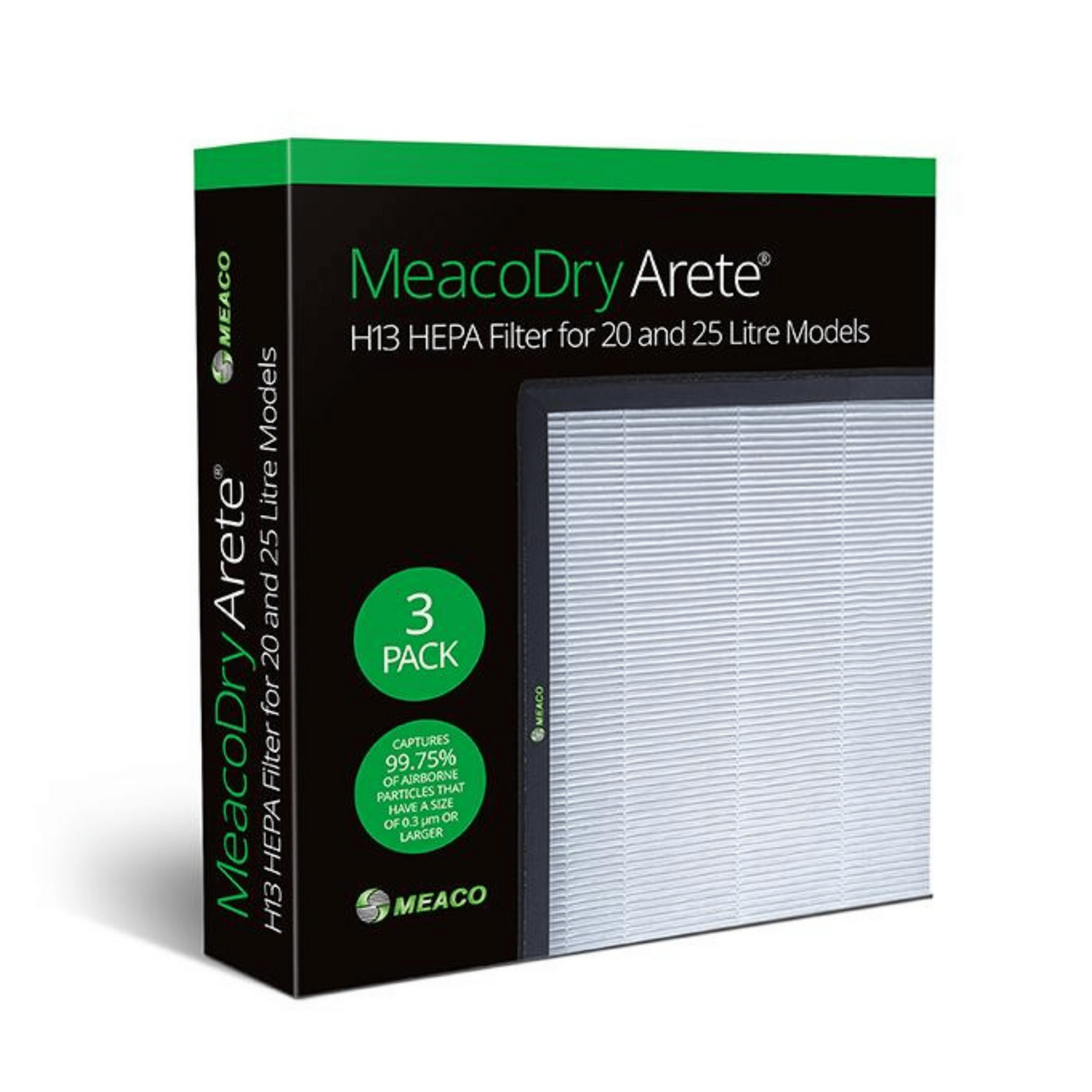 Meaco Arete H13 HEPA-Filter 3er Pack für Luftentfeuchter 20L und 25L in kompaktem Design.