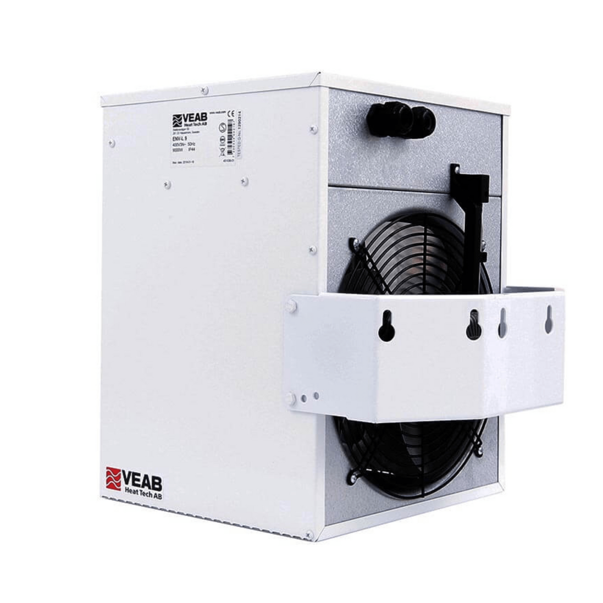 Elektro-Heizlüfter Veab ENV-L 9 kW mit Wandhalterung, geeignet für feuchte Räume und mit externem Thermostat.