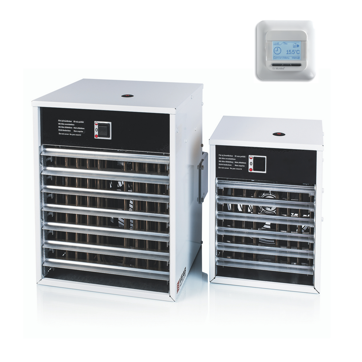 Elektro-Heizlüfter Veab ENV-L 9 kW mit Wandkonsole, geeignet für feuchte Räume, IP44-Schutz.